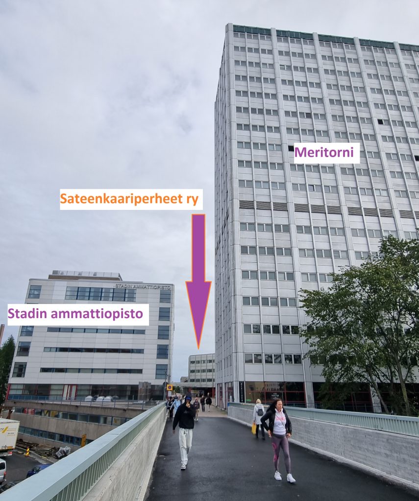 Näkymä Näkinsillalta, johon merkitty toimiston, meritornin ja Stadin ammattiopiston sijainnit