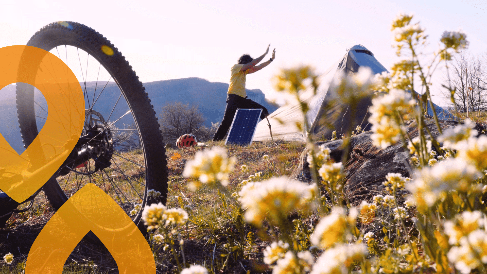 Kuva kukkasista, taustalla aikuinen pystyttää telttaa pyörä vierellään